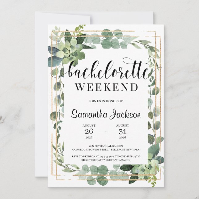 Rustic greenery succulent floral bachelorette invitation (Front)