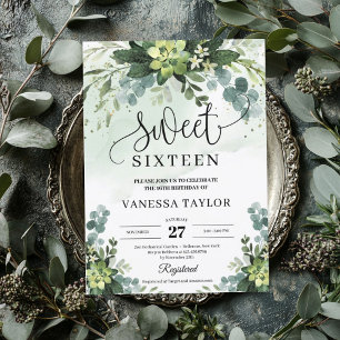 Rustic greenery succulent flowers sweet sixteen invitation
