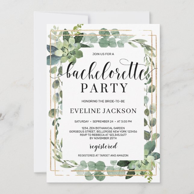 Rustic greenery succulent foliage bachelorette invitation (Front)