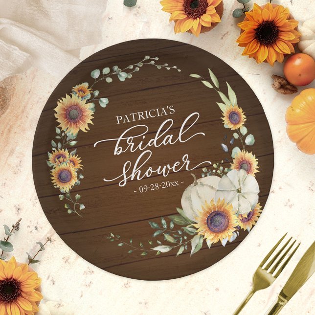 Rustic Greenery Sunflowers Pumpkin Fall Bridal Paper Plate (Creator Uploaded)