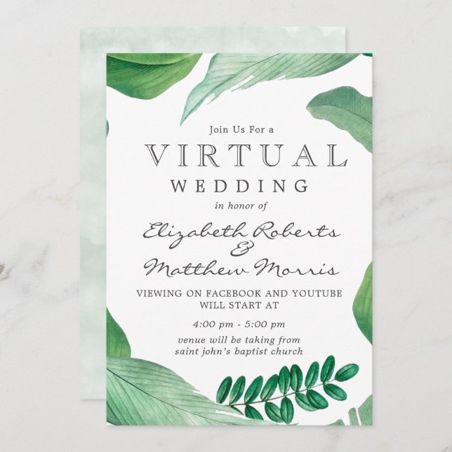 Rustic Greenery Watercolor Leaves Virtual Wedding Invitation (Front/Back)