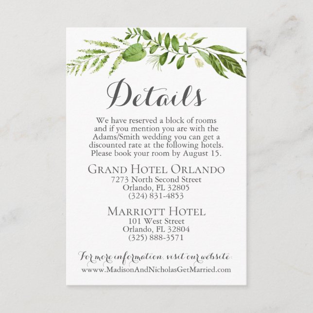 Rustic Greenery Wedding Details Card Inserts Leaf (Front)