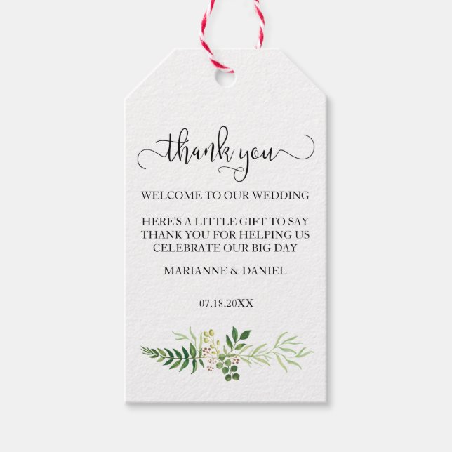 Rustic greenery wedding favour bag tag (Front)