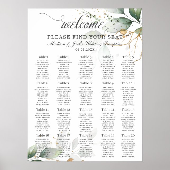 Rustic Greenery Weddingn Gold Leaves Seating Chart (Front)