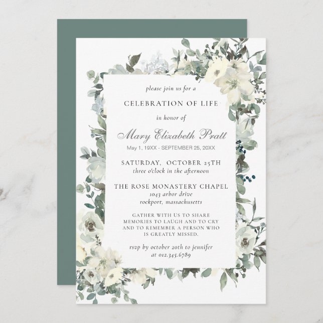 Rustic Greenery White Floral Celebration of Life Invitation (Front/Back)
