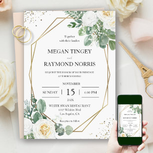 Rustic Greenery & White Roses Geometric Gold Invit Invitation