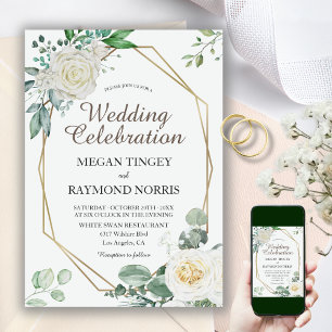 Rustic Greenery & White Roses Geometric Wedding Invitation