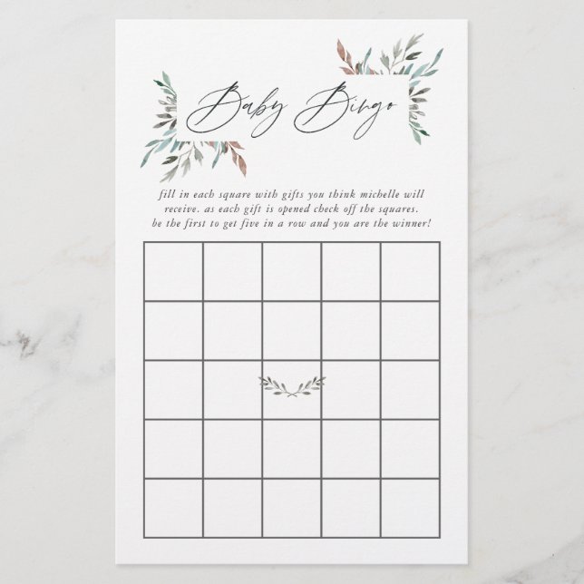 Rustic Greenery Winter Baby Shower Bingo (Front)