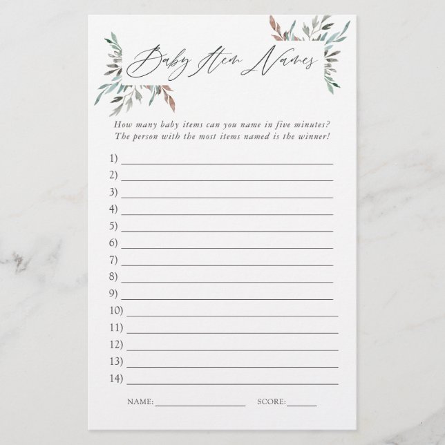 Rustic Greenery Winter Baby Shower Item Names Game (Front)