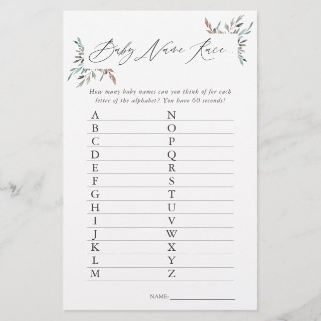 Rustic Greenery Winter Baby Shower Name Race Game (Front)