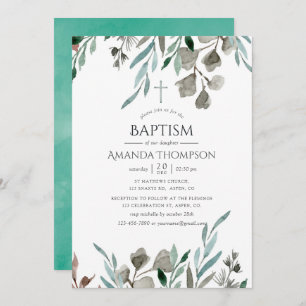 Rustic Greenery Winter Baptism or Christening Invitation