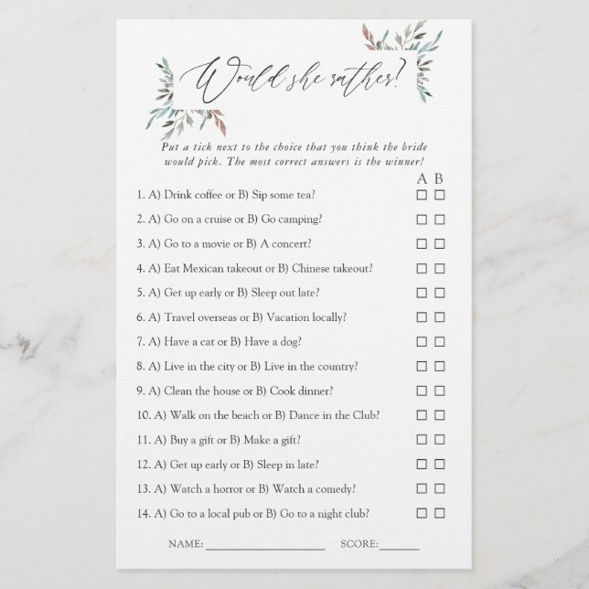 Rustic Greenery Winter Bridal Shower Game (Front)