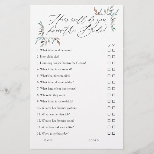 Rustic Greenery Winter Bridal Shower Game (Front)