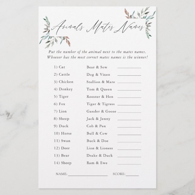 Rustic Greenery Winter Bridal Shower Game (Front)