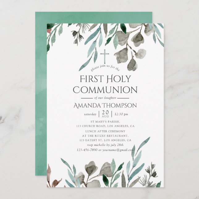Rustic Greenery Winter First Holy Communion Invitation (Front/Back)