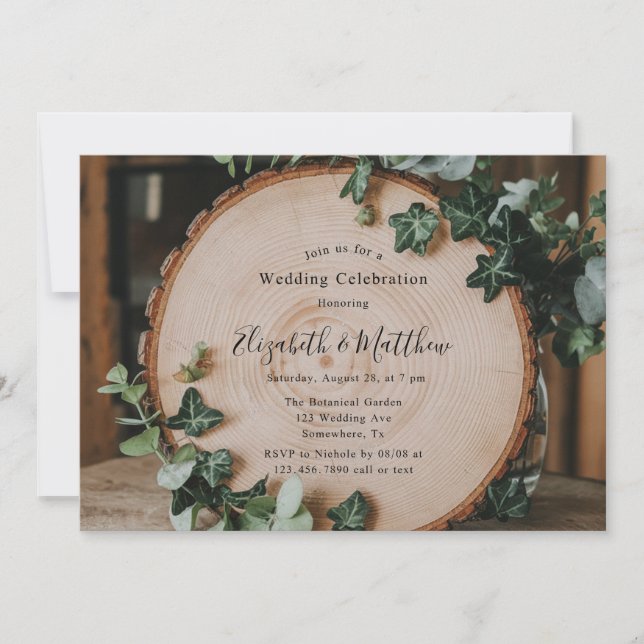 Rustic Greenery & Wood Slice Wedding Celebration Invitation (Front)