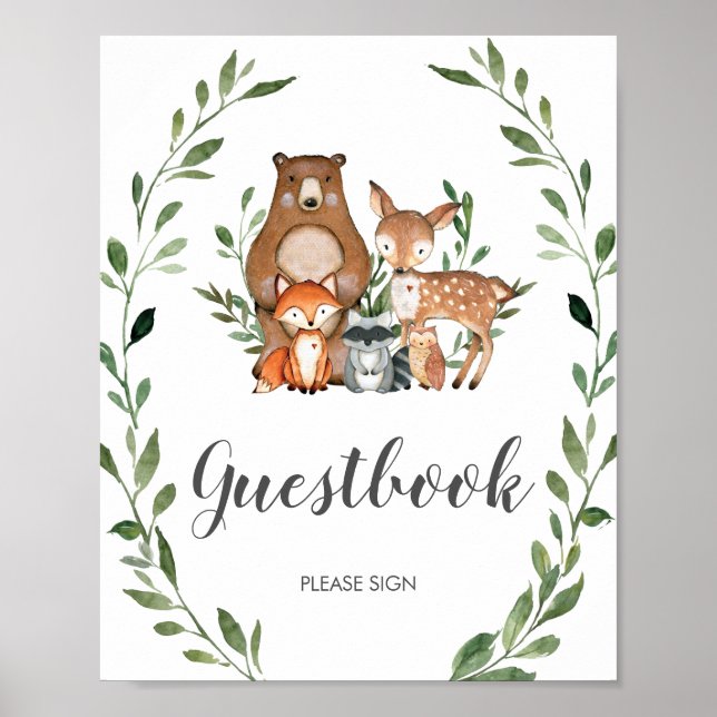 Rustic Greenery Woodland Animals Guestbook Sign (Front)