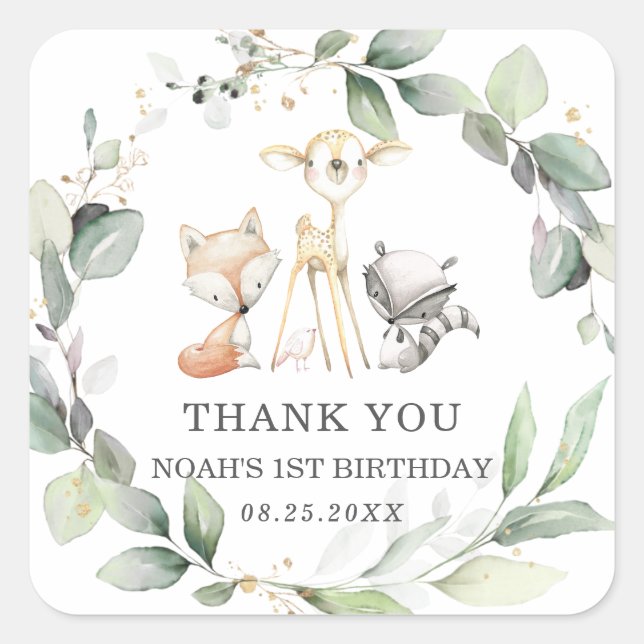 Rustic Greenery Woodland Animals Thank You Favour Square Sticker (Front)
