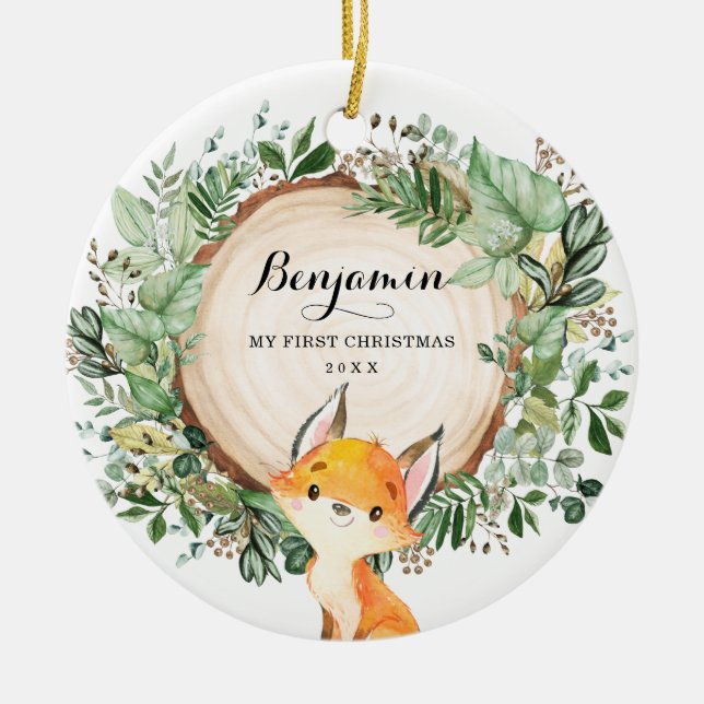 Rustic Greenery Woodland Fox Baby First Christmas  Ceramic Tree Decoration (Front)