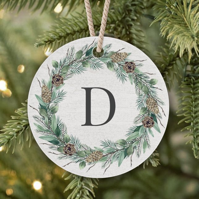 Rustic Greenery Wreath Christmas Monogram Letter Ornament (Creator Uploaded)