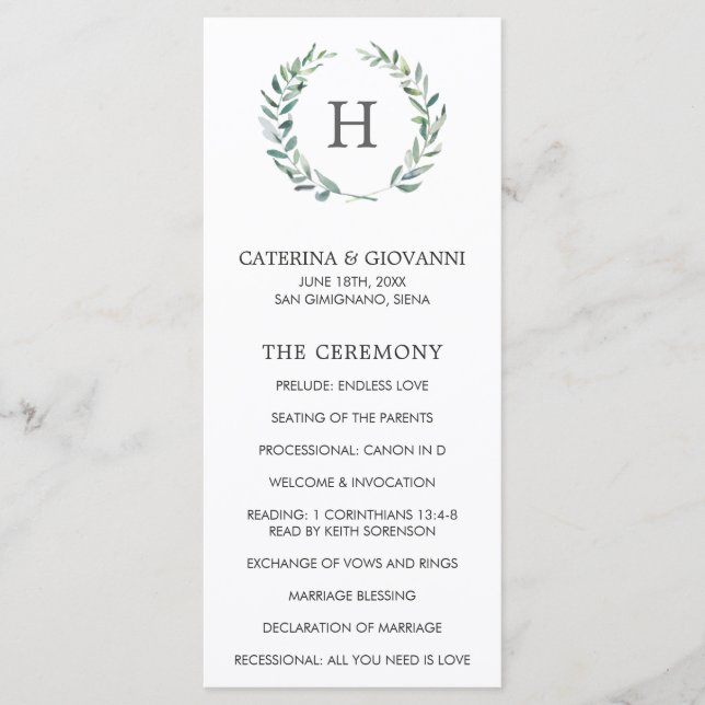 Rustic Greenery Wreath Monogram Elegant Wedding Programme (Front)