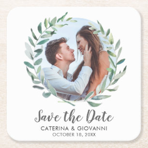 Rustic Greenery Wreath Photo Wedding Save the Date Square Paper Coaster