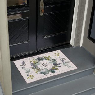 Rustic Greenery Wreath Watercolor Monogram Initial Doormat