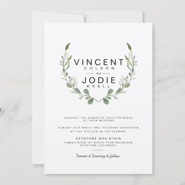 Rustic Greenery Wreath Watercolor Wedding Invite (Front)