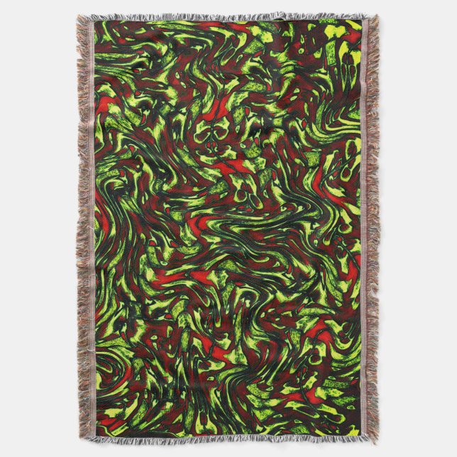 Rustic greenish yellow and vivid red curves throw blanket (Front Vertical)