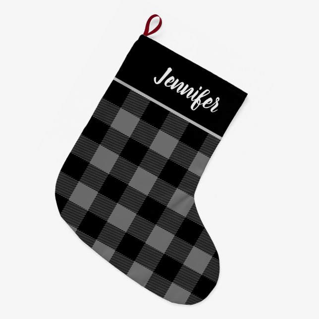 Rustic Grey and Black Buffalo Check Monogram Large Christmas Stocking (Front (Hanging))
