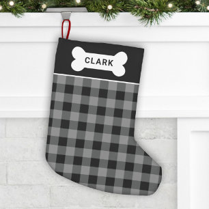 Rustic Grey and Black Buffalo Plaid Pet Monogram Small Christmas Stocking