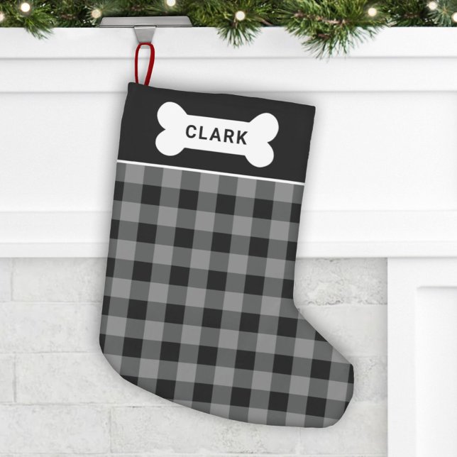 Rustic Grey and Black Buffalo Plaid Pet Monogram Small Christmas Stocking (Creator Uploaded)
