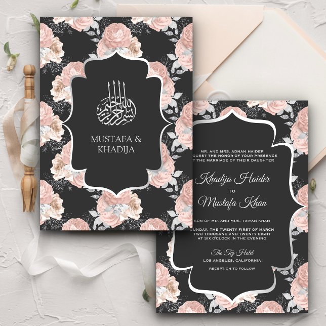 Rustic Grey and Blush Pink Roses Muslim Wedding Invitation (Creator Uploaded)