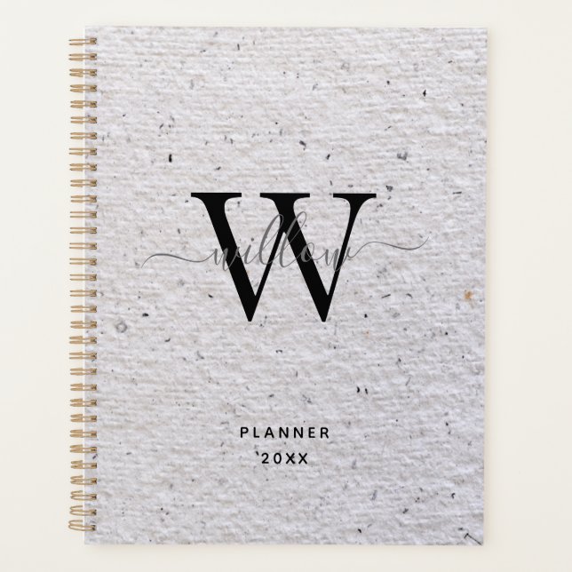 Rustic Grey Antique Vintage Paper Script Monogram Planner (Front)