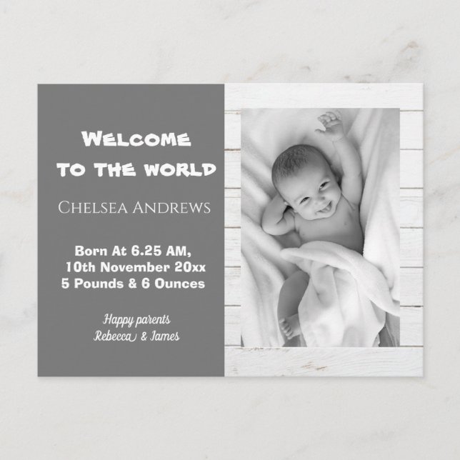 Rustic Grey Baby Photo Birth Announcement Postcard (Front)