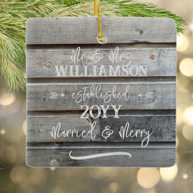 Rustic Grey Barn First Married Christmas Photo Ceramic Ornament (Married & Merry rustic wood personalized ornament with your photo)