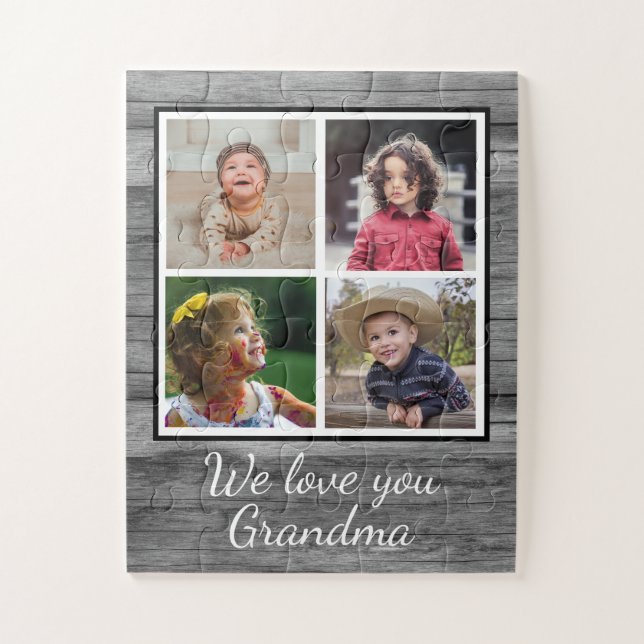 Rustic Grey Barn Wood 4 Photo Collage Grandma Jigsaw Puzzle (Vertical)