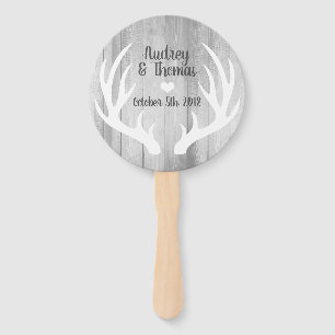 Rustic Grey Barn Wood & White Deer Antlers Wedding Hand Fan