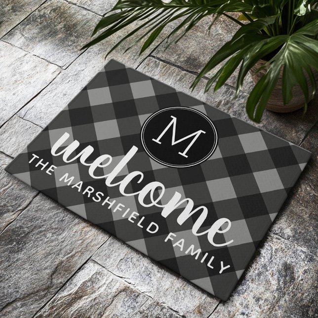 Rustic Grey & Black Buffalo Plaid Family Welcome Doormat (Custom Welcome Mat)