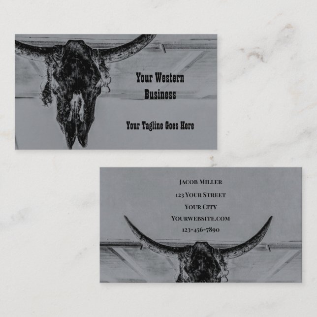 Rustic Grey Black Western Cow Skull Business Card (Front/Back)