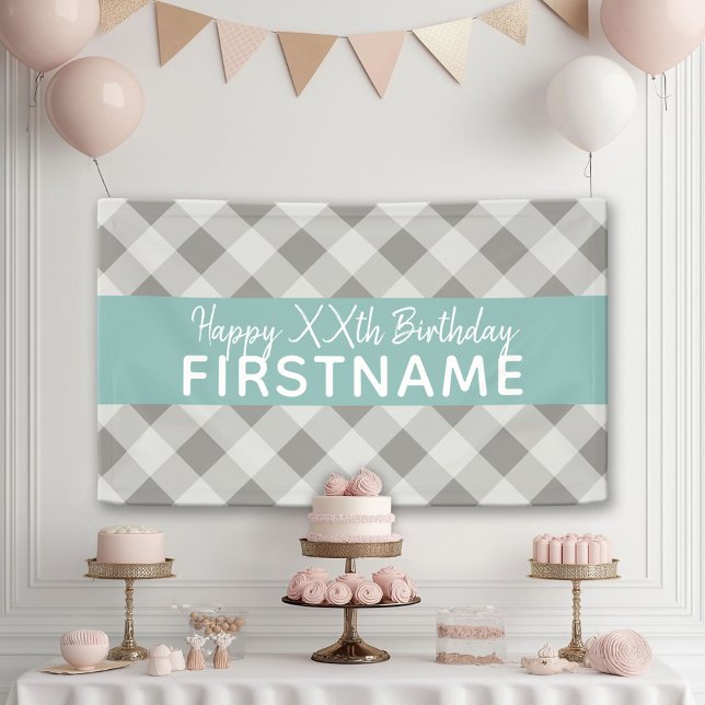 Rustic Grey & Blue Buffalo Plaid Birthday Party Banner (Custom Birthday Banner)