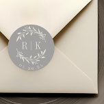 Rustic Grey Botanical Wreath Wedding Monogram Classic Round Sticker<br><div class="desc">Custom-designed botanical wedding monogram stickers featuring elegant white beige wreath with couple's initials and wedding date on grey brown colour background. Perfect for wedding save the dates,  envelops,  wedding favour packagings and more.</div>