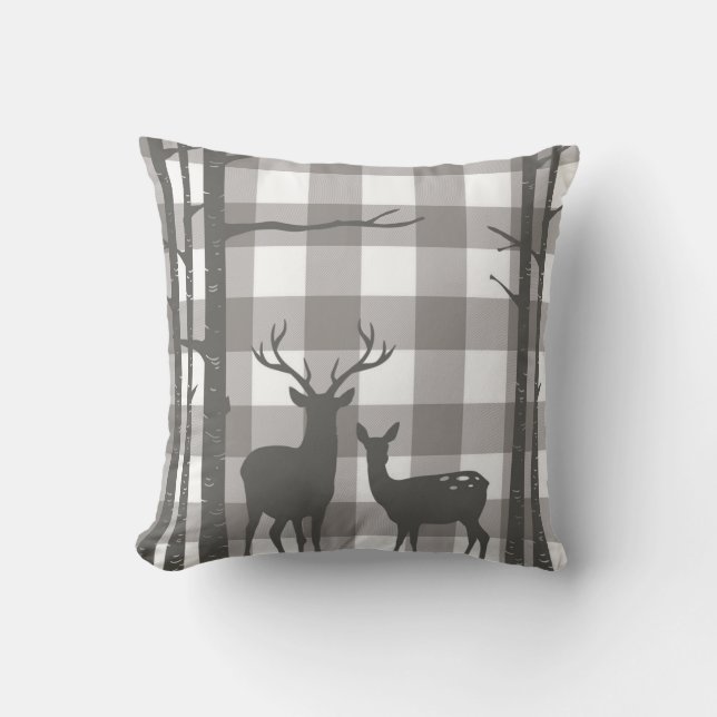 Rustic Grey Buffalo Plaid Checkers Deer & Birch Cushion (Front)