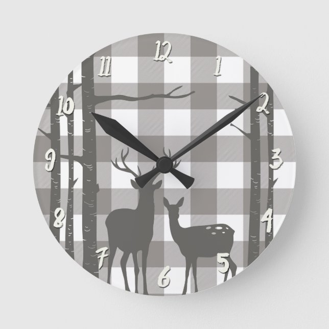 Rustic Grey Buffalo Plaid Checkers Deer & Birch Round Clock (Front)