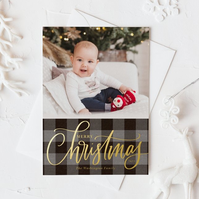 Rustic Grey Buffalo Plaid Merry Christmas Photo (Rustic Gray Buffalo Plaid Pattern Merry Christmas Photo Foil Holiday Card)