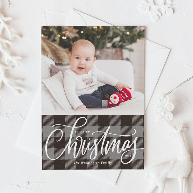 Rustic Grey Buffalo Plaid Merry Christmas Photo Holiday Card (Creator Uploaded)