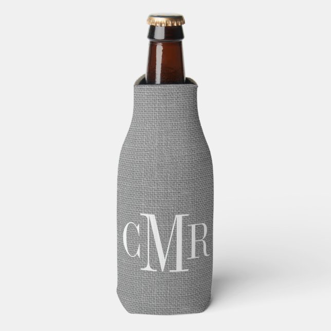 Rustic Grey Burlap Classic Monogram Bottle Cooler (Bottle Front)