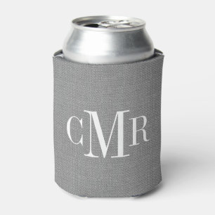 Rustic Grey Burlap Classic Monogram Can Cooler