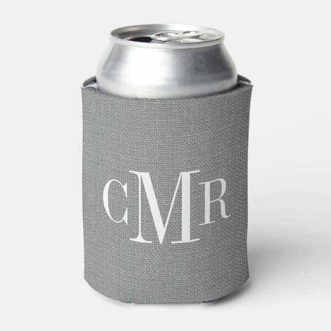 Rustic Grey Burlap Classic Monogram Can Cooler (Can Front)