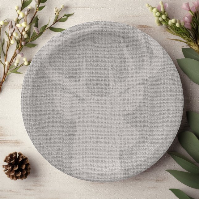 Rustic Grey Burlap Deer Buck Paper Plate (Creator Uploaded)